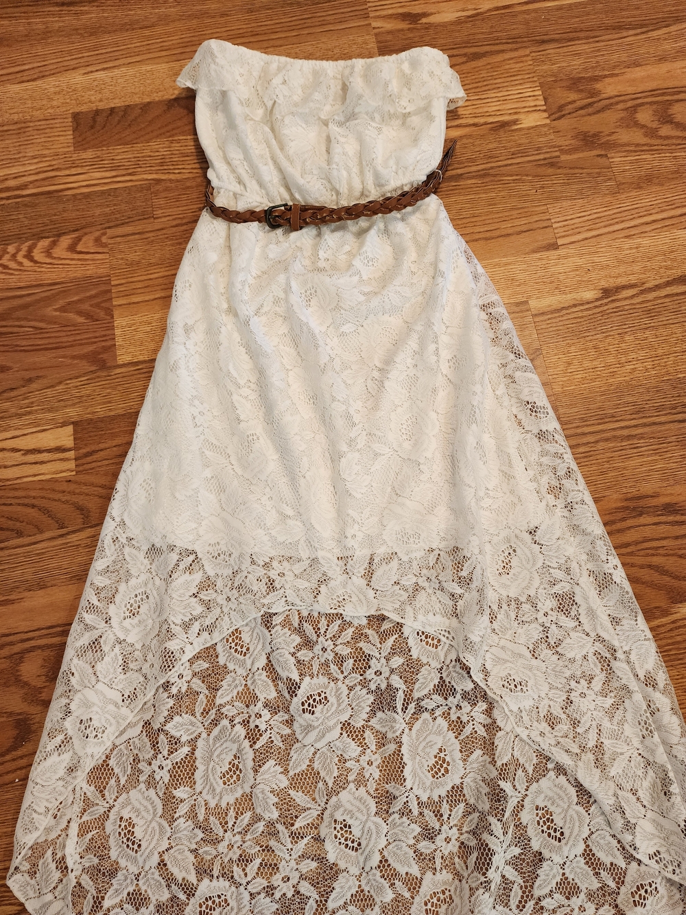 Strapless White Lace Hi-Lo Dress with Braided Tan Belt